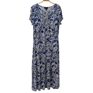 MSK Womens XL Blue Green Paisley Midi Dress Short Sleeve Triple Ring Detail NWOT